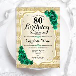 Green Gold Elegant Floral 80th Birthday Invitation<br><div class="desc">80th Birthday Party Invitation. Elegant floral emerald green design with roses. Features faux glitter gold stripes and script font. Perfect for a stylish womens bday celebration. Can be customized for any age! Printed Zazzle invitations or instant download digital printable template.</div>