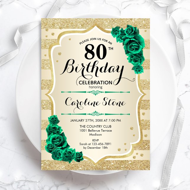Green Gold Elegant Floral 80th Birthday Invitation (Creator Uploaded)