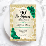 Green Gold Elegant Floral 90th Birthday Invitation<br><div class="desc">90th Birthday Party Invitation. Elegant floral emerald green design with roses. Features faux glitter gold stripes and script font. Perfect for a stylish womens bday celebration. Can be customized for any age! Printed Zazzle invitations or instant download digital printable template.</div>