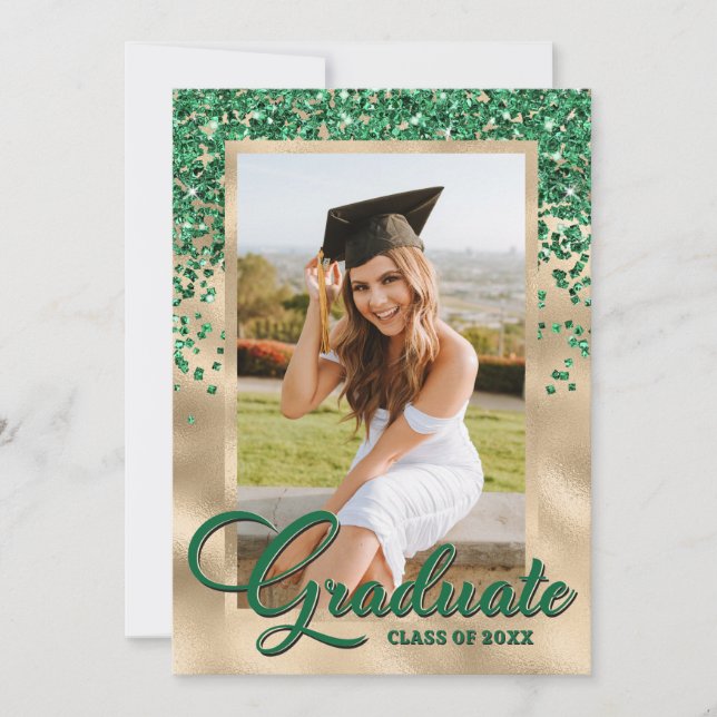 Green Gold Elegant Photo Graduation Party Invitation (Front)