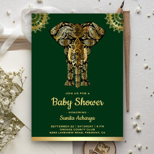 Green Gold Elephant Indian Baby Shower Invitation