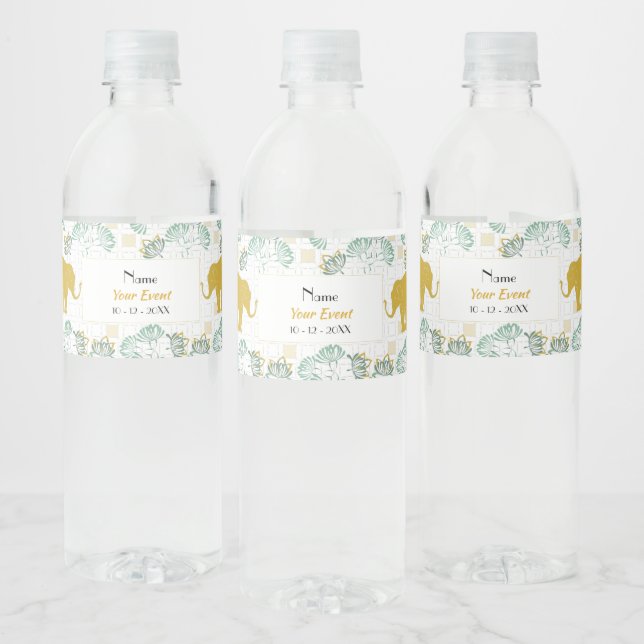 Green & Gold Elephant Safari | Baby Shower Water Bottle Label (Bottles)
