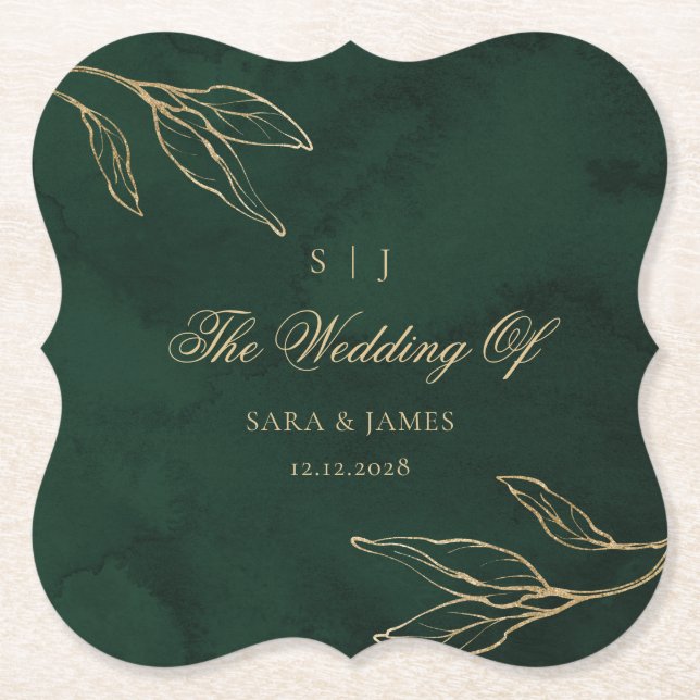 Green Gold Emerald Botanical  Enchanted Wedding Paper Coaster (Front)