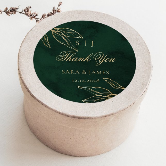 Green Gold Emerald Botanical Wedding Thank you Classic Round Sticker (Creator Uploaded)