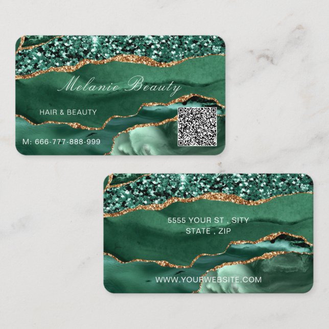 Green Gold Emerald Business Card with Your QR Code (Front/Back)
