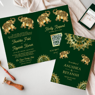 Green Gold Ethnic Elephants Indian QR Code Wedding Invitation