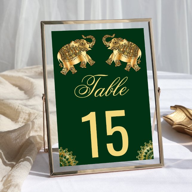 Green Gold Ethnic Elephants Indian Wedding Table Number (Creator Uploaded)