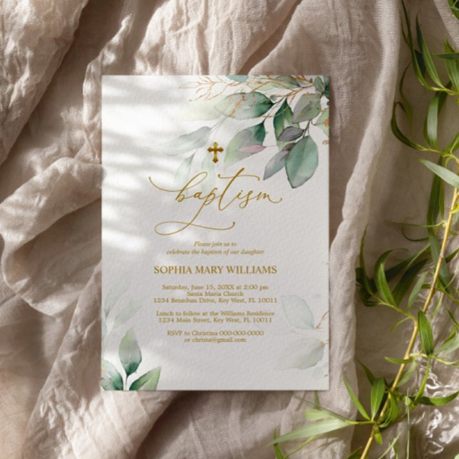 Green & Gold Eucalyptus Baptism Invitation (Creator Uploaded)