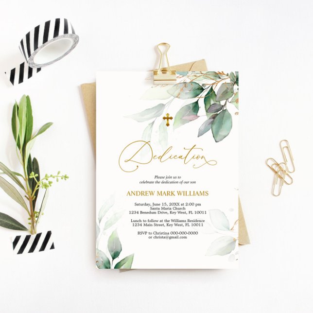 Green & Gold Eucalyptus Dedication Invitation (Creator Uploaded)