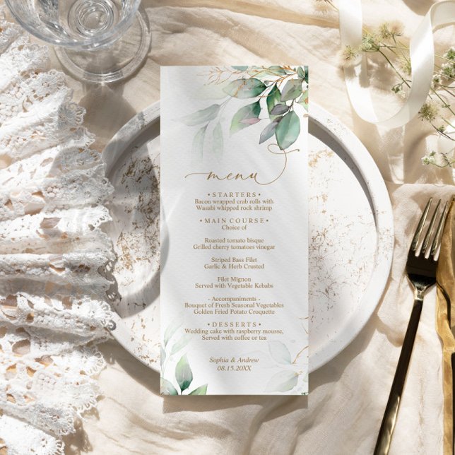 Green & Gold Eucalyptus Floral Wedding Menu (Creator Uploaded)