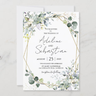 Green Gold Eucalyptus Foliage Geometric Wedding Invitation