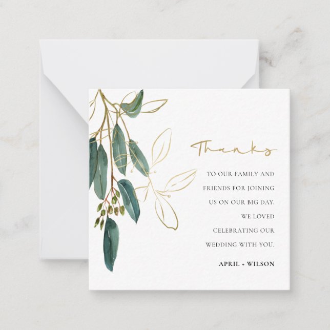 Green Gold Eucalyptus Foliage Watercolor Thank You Card (Front)