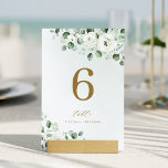 Green gold eucalyptus greenery floral wedding table number<br><div class="desc">Modern chic watercolor white floral eucalyptus greenery and gold colour border frame on dusty green background,  with gold colour trendy table script,  elegant and stylish,  great wedding table number cards for rustic wedding,  botanical wedding and beach wedding in spring and summer. 
See all the matching pieces in collection</div>