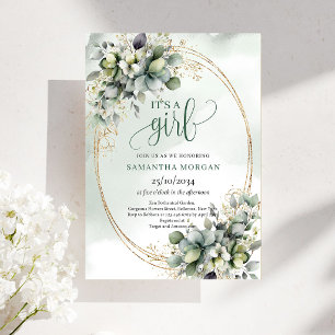 Green Gold Eucalyptus Look It’s A Girl Invitation