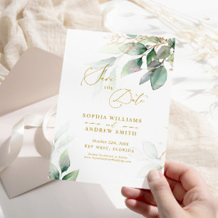 Green & Gold Eucalyptus Save the Date invitation