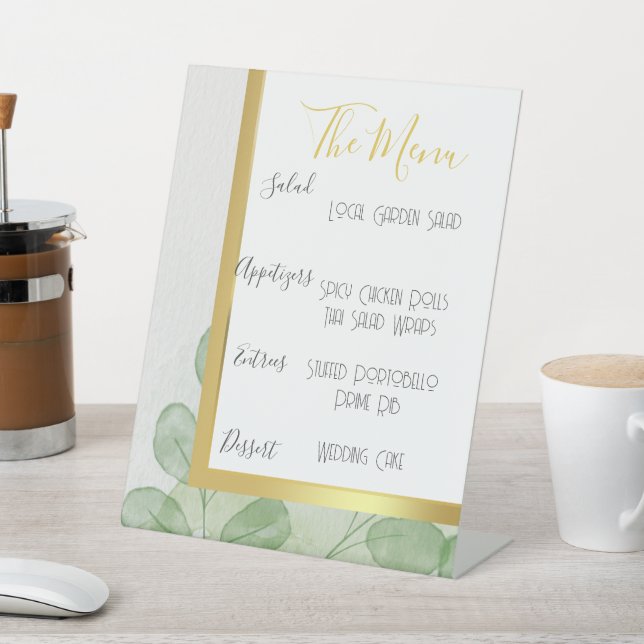Green & Gold Eucalyptus Wedding Menu Pedestal Sign (In SItu)