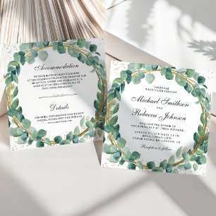 Green Gold Eucalyptus Wreath All in One Wedding Invitation