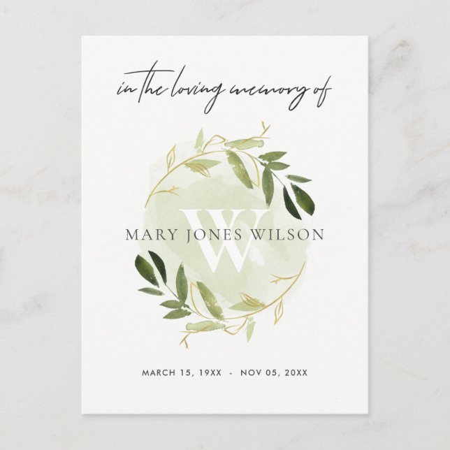 GREEN GOLD FAUNA WREATH SYMPATHY MEMORIAL SERVICE INVITATION POSTCARD (Front)