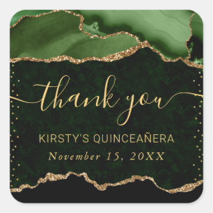 Green & Gold Faux Glitter Agate Marble Quinceanera Square Sticker