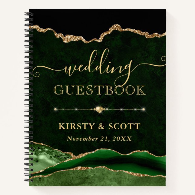 Green & Gold Faux Glitter Agate Wedding Guest Book (Front)