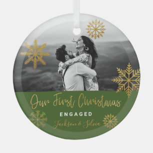 Green Gold First Christmas Engaged Glass Tree Decoration