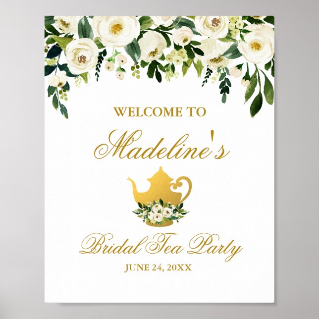 Green Gold Floral Bridal Shower Tea Party Welcome Poster (Front)