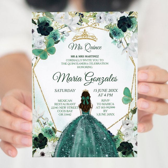 Green & Gold Floral Charra QUINCEAÑERA Invitation (Creator Uploaded)