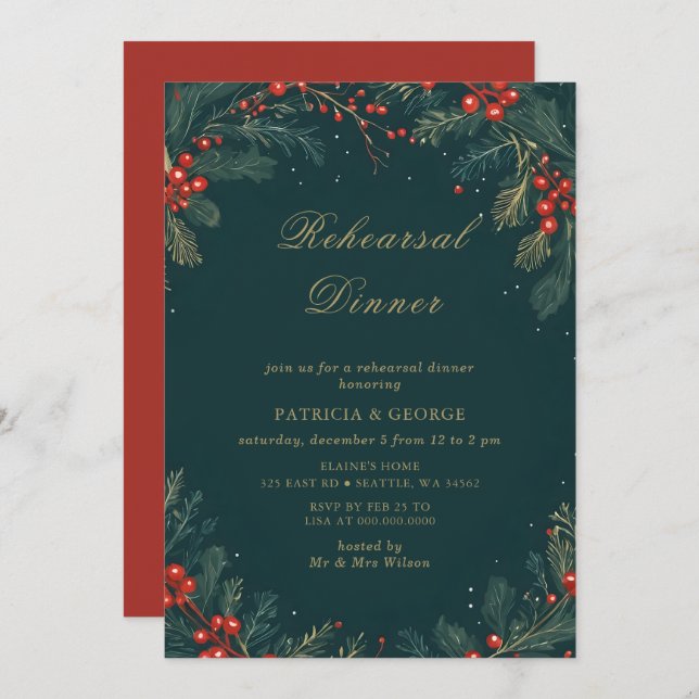 Green Gold Floral Christmas Rehearsal Dinner Invitation (Front/Back)