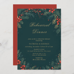 Green Gold Floral Christmas Rehearsal Dinner Invitation