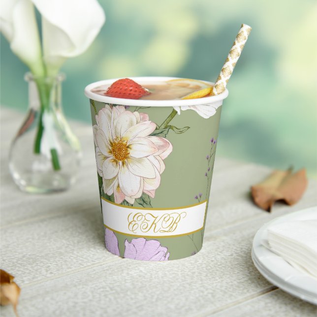  Green Gold Floral Elegant Modern Monogram Paper Cups (Insitu)