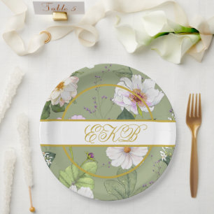 Green Gold Floral Elegant Modern Monogram Paper Plate