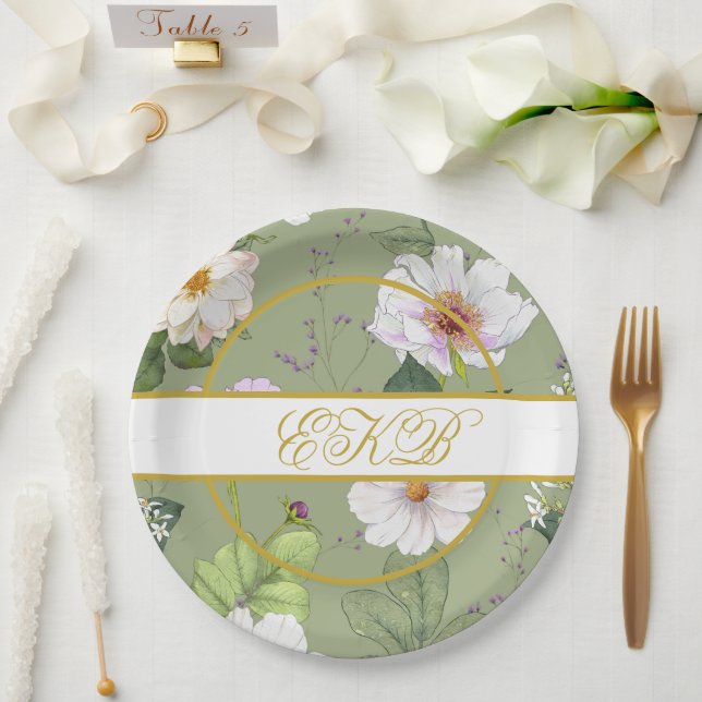  Green Gold Floral Elegant Modern Monogram Paper Plate (Wedding)