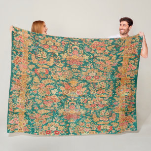 Green gold floral flower persian turkish pattern fleece blanket