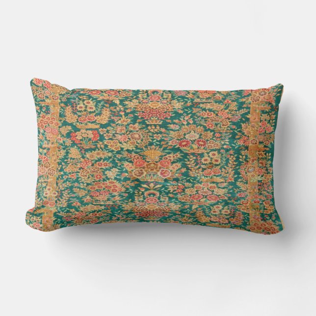Green Gold Floral Flower Persian Turkish Rug Print Lumbar Cushion (Front)