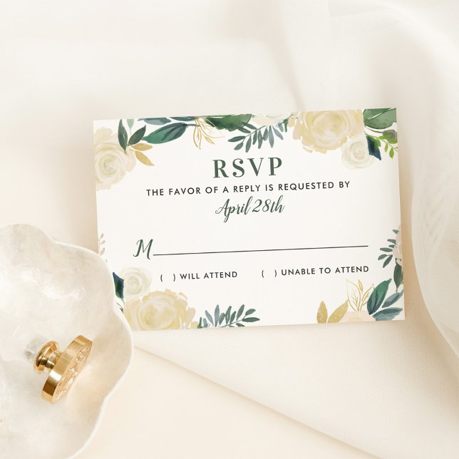 Green Gold Floral Greenery Wedding RSVP Card (Creator Uploaded)