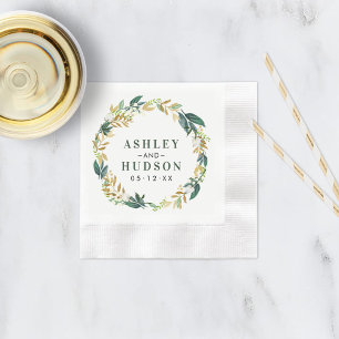 Green Gold Floral Greenery Wreath Wedding Monogram Napkin