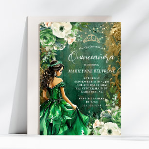 Green Gold Floral Princess Quinceañera Invitation