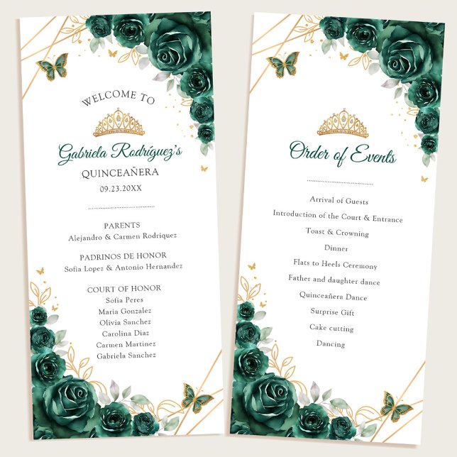 Green Gold Floral Quinceanera Order of Events Programme (Creator Uploaded)