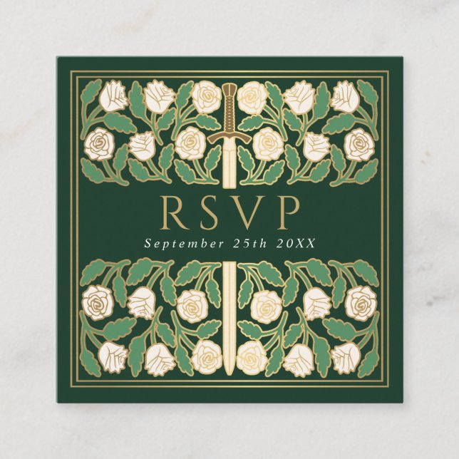 Green Gold Floral Royal Wedding RSVP QR Code  Enclosure Card (Front)