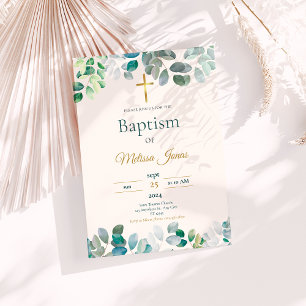 Green Gold Floral Rustic Christening Baptism Invitation