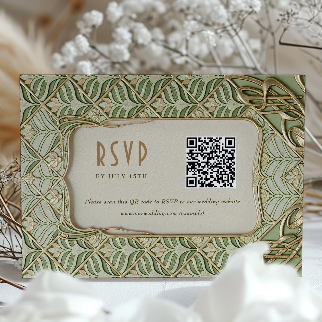 Green & Gold Floral Wedding RSVP QR Card (Creator Uploaded)
