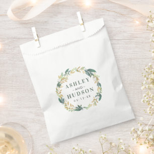 Green Gold Floral Wreath Monogram Wedding Favour Bags