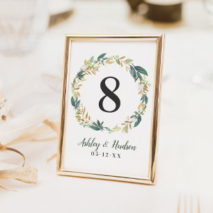 Green Gold Floral Wreath Table Number Card