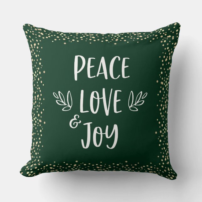 Green Gold Foil Dots Peace Love Joy Script Modern  Cushion (Front)