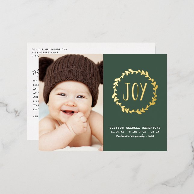 Green & Gold Foil Modern First Christmas Holiday Postcard (Front/Back)