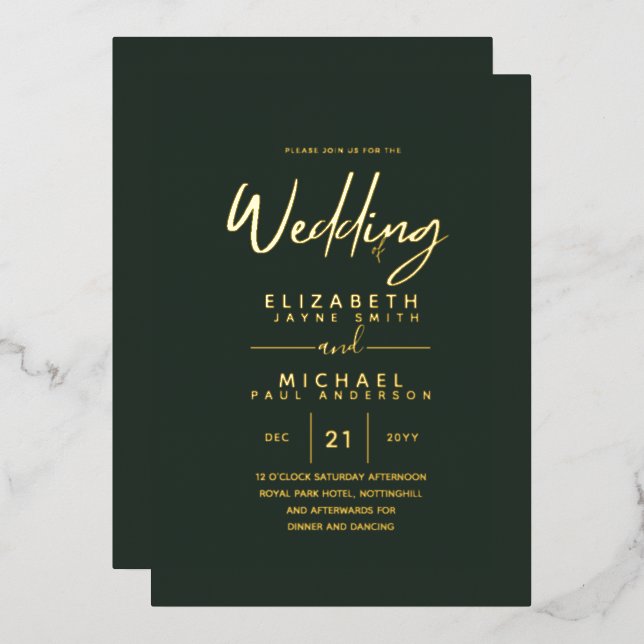 Green Gold Foil Script Elegant Modern Wedding (Front/Back)