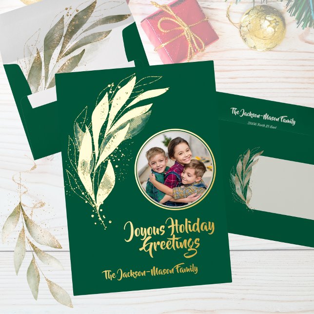 Green Gold Foil Watercolor Leaf Photo Christmas  (Creator Uploaded)