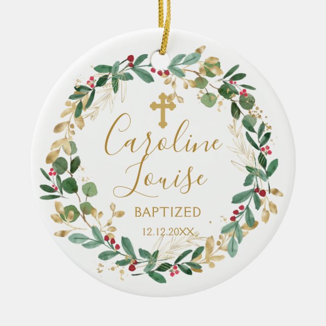 Green Gold Foliage Baby Baptism Photo Ceramic Tree Decoration (Front)