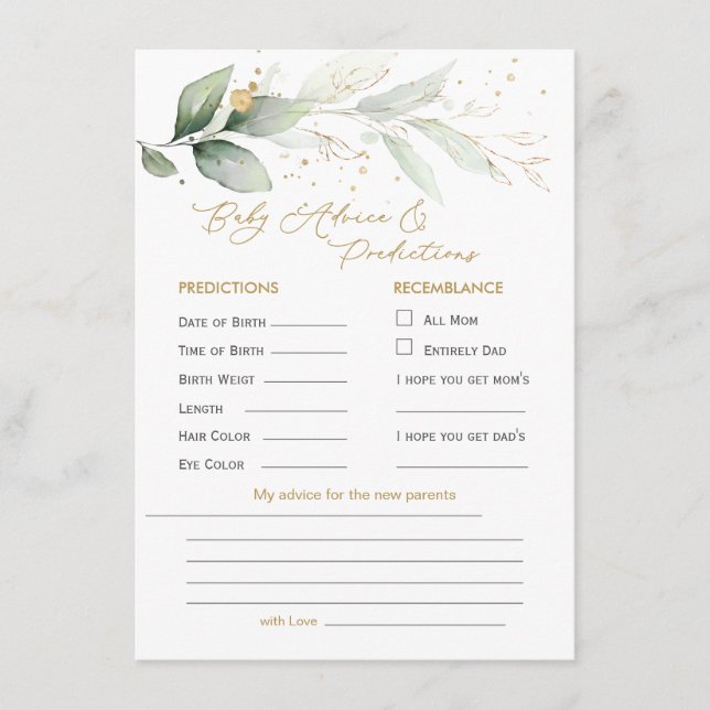 Green & Gold Foliage Baby Prediction & Advice Enclosure Card (Front)