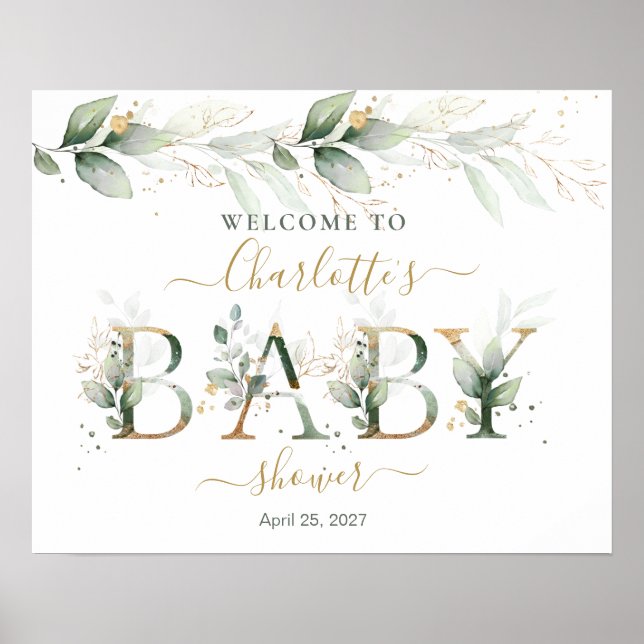 Green Gold Foliage Baby Shower Welcome Poster (Front)